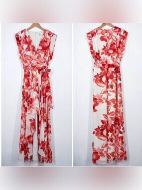 Eliza J Floral Chiffon Dress High Low Surplice Neck Tie Waist Size 10 Red White